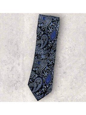 DION Silk Tie CANADA Black Blue White Paisley W:3.2" EUC
